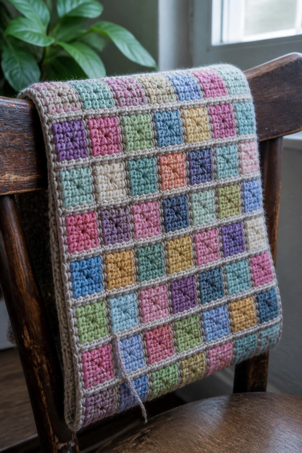 Colorful crocheted granny square blanket draped over a wooden chair.