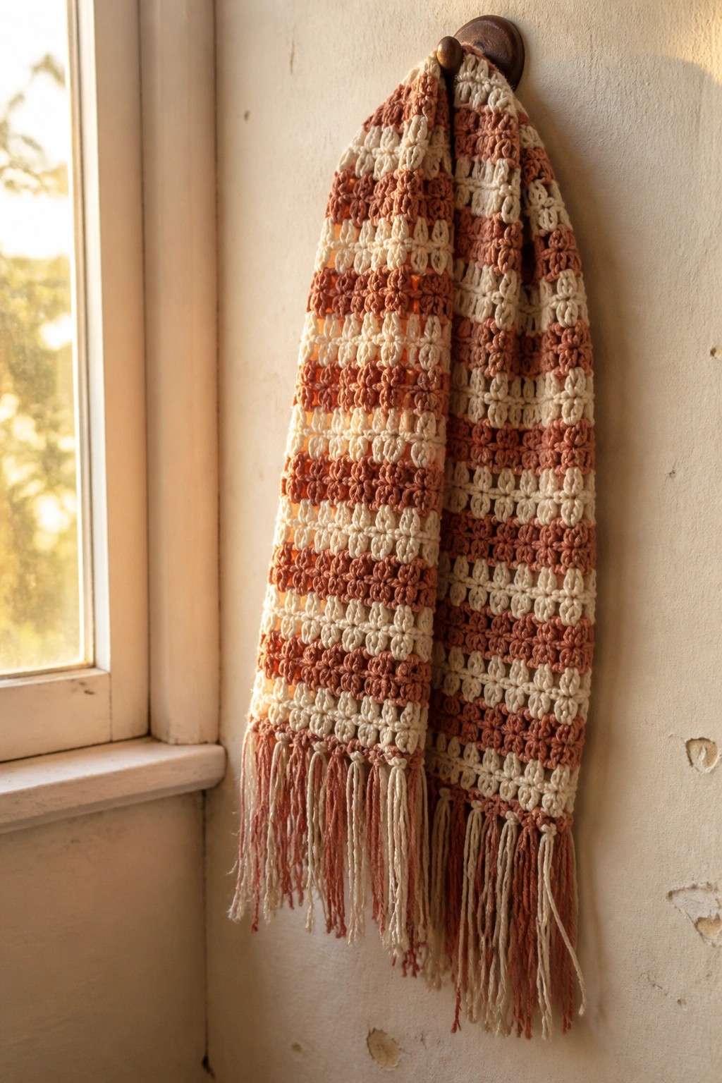 Striped crocheted scarf with fringes hanging on a hook near a window.