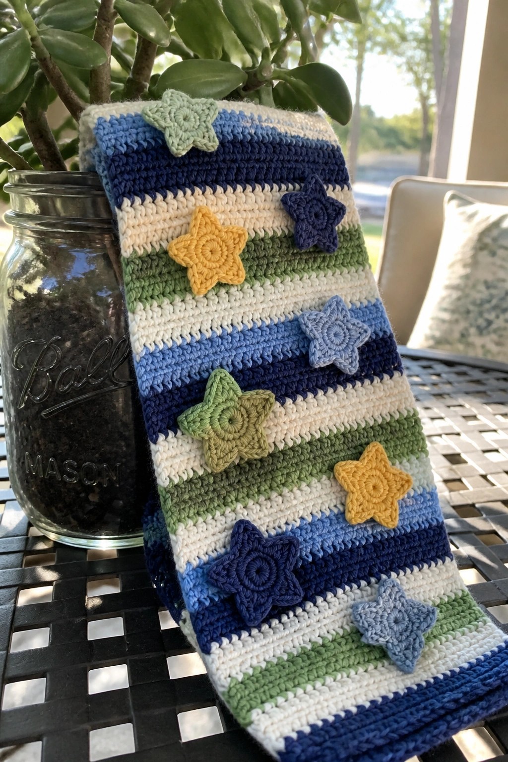 Striped crocheted scarf with colorful star appliqués draped over mason jar on table