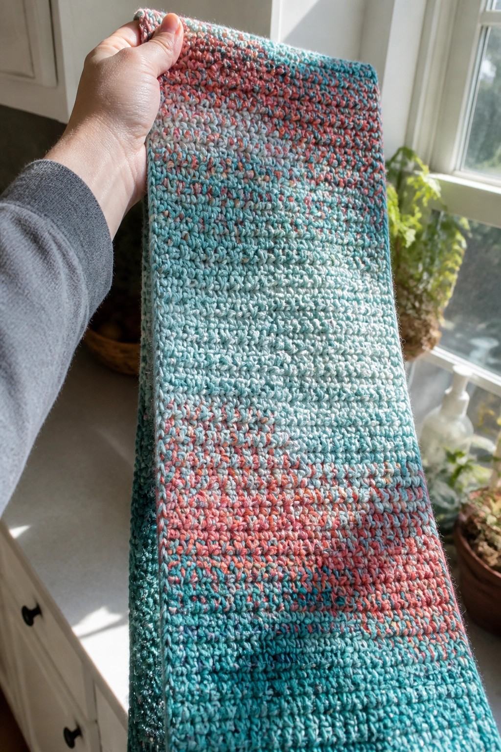 Hand holding long crocheted scarf with teal pink and gray variegated yarn.