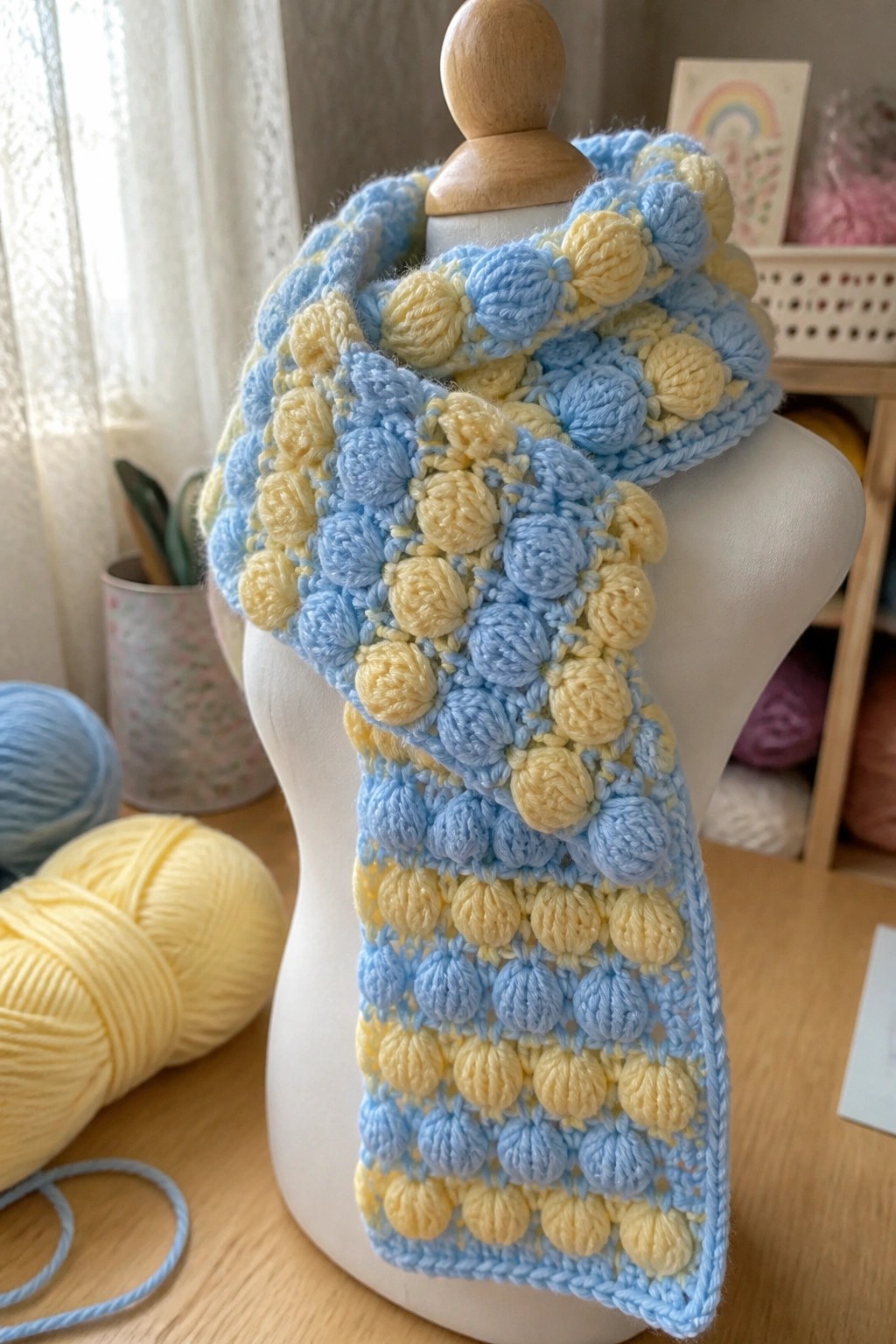 Pastel blue and yellow bobble crochet scarf on white mannequin with yarn balls nearby