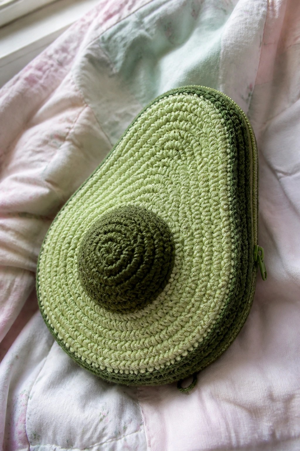 Crocheted avocado-shaped pouch with zipper on pink floral quilt