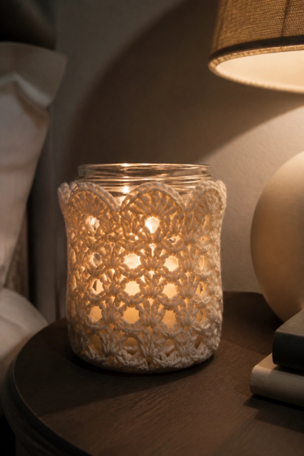 Lit candle glows through white crocheted lace on glass jar atop wooden table