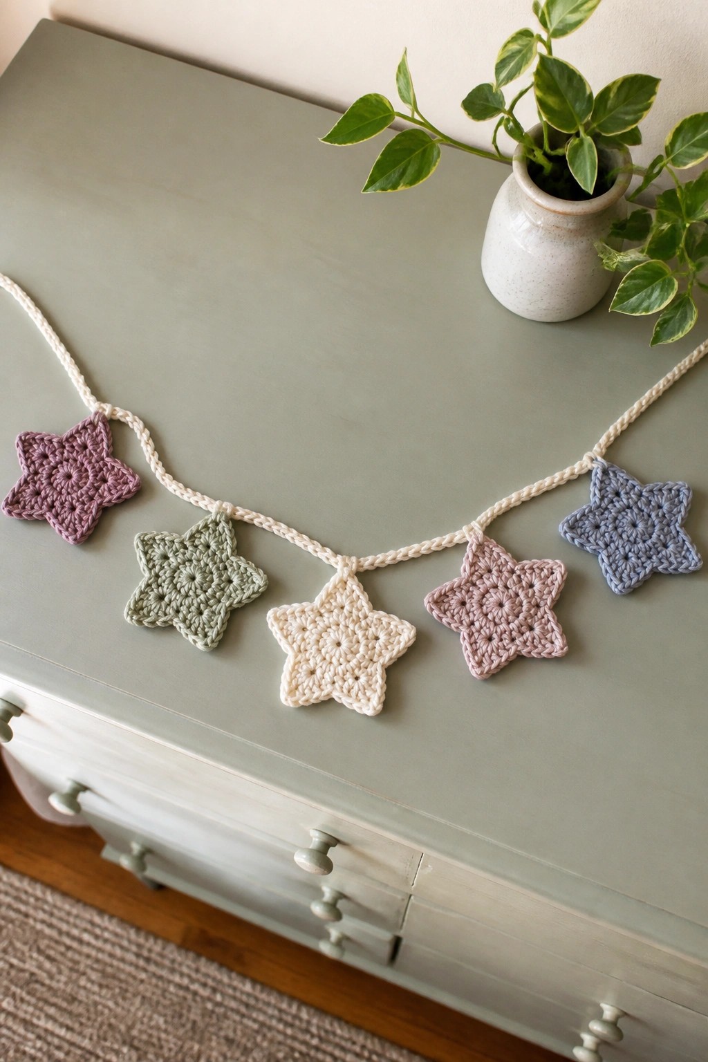 Crocheted pastel star garland on a sage green dresser with a plant.