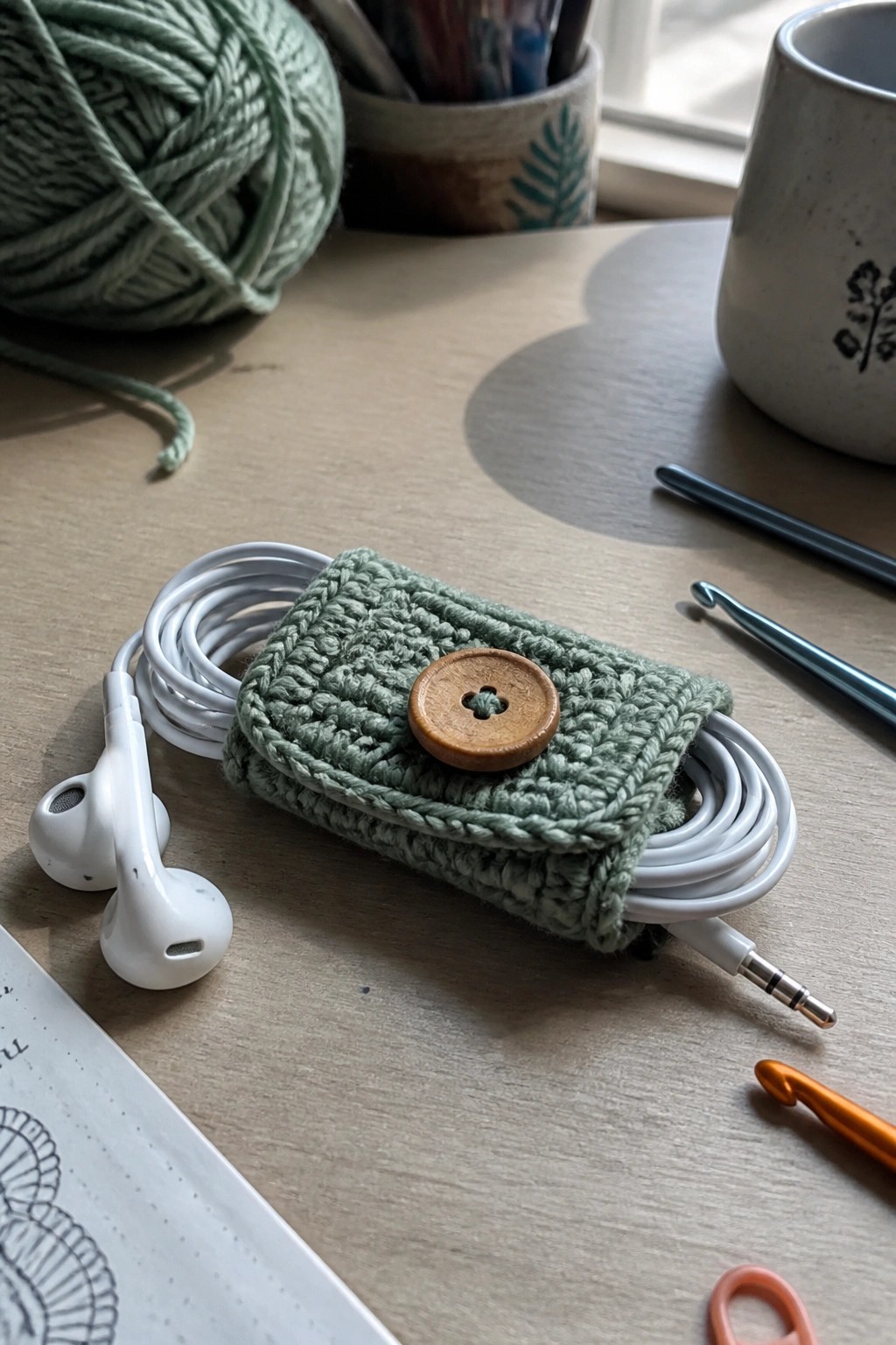 Green crocheted earbud pouch with wooden button holding white earphones on table