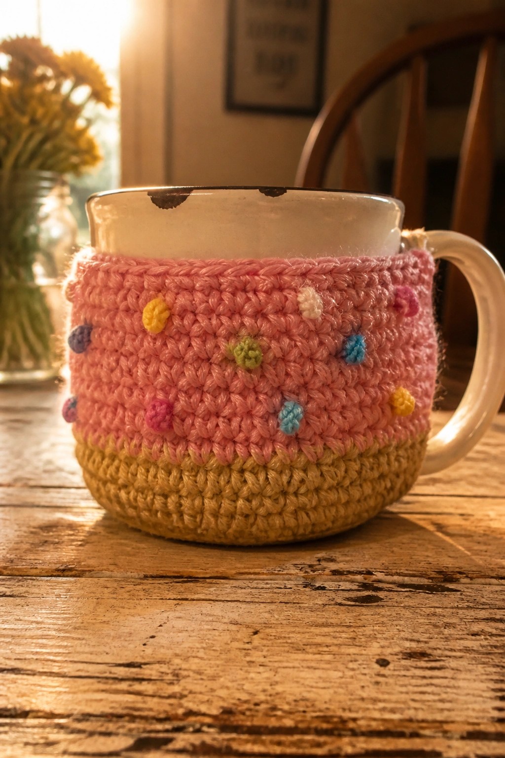 Pink crocheted cozy with colorful pom-poms on a white mug atop rustic wood