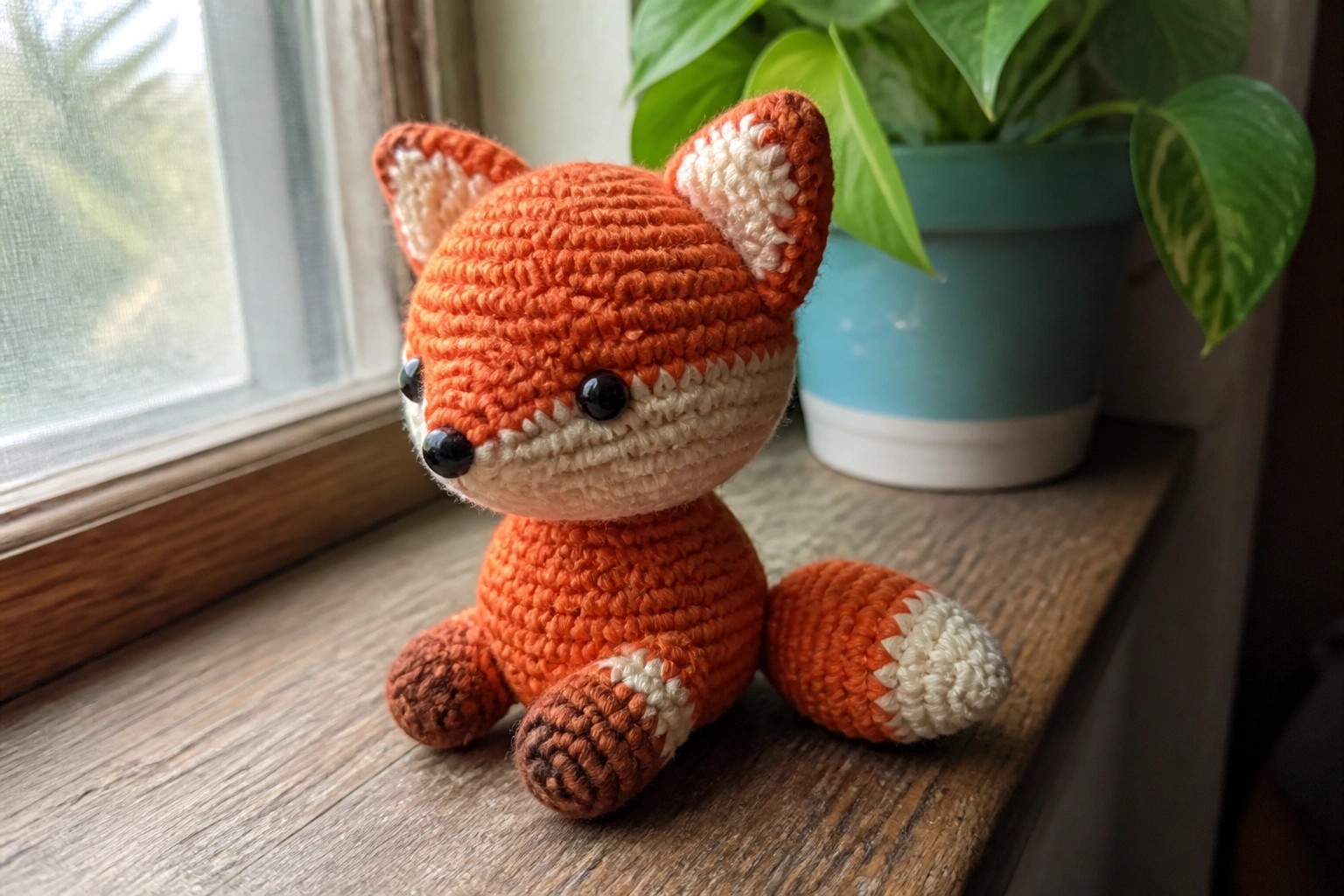 Crocheted orange fox toy with white chest and black accents on wooden windowsill.