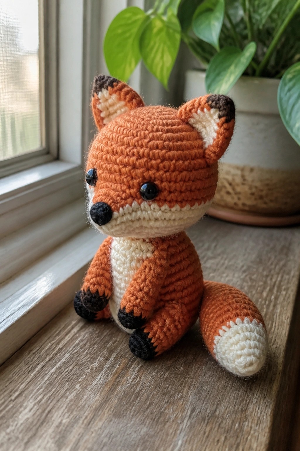 Crocheted orange fox toy with white chest and black accents on wooden windowsill.
