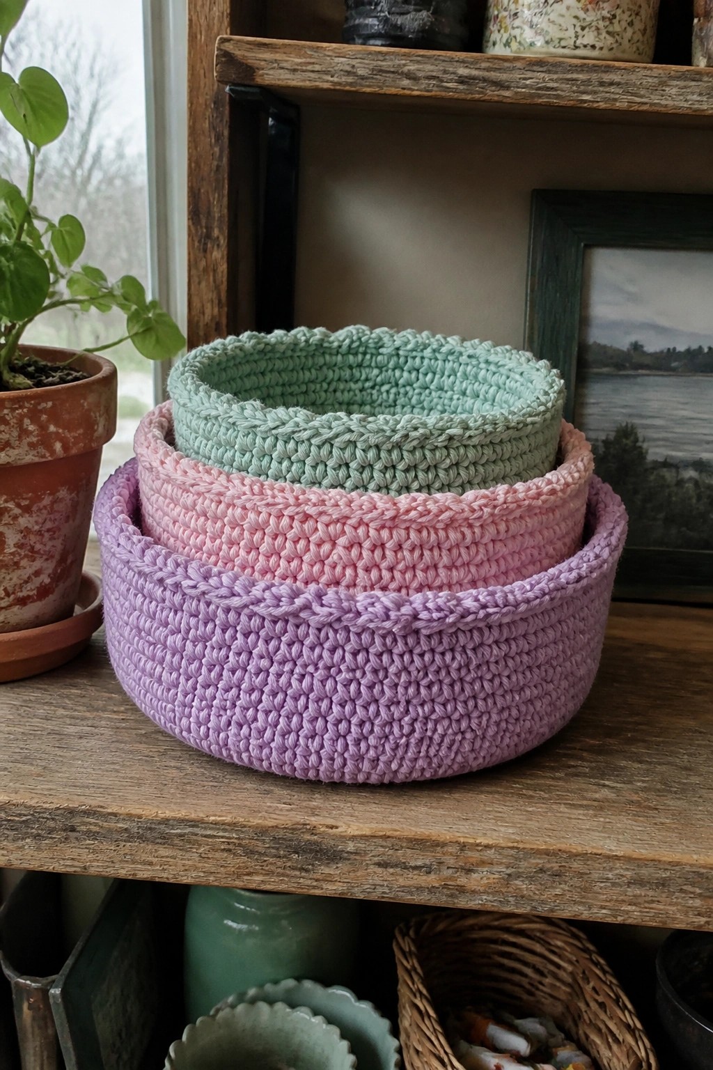 Pastel purple, pink, and mint crocheted baskets nested on a wooden shelf.
