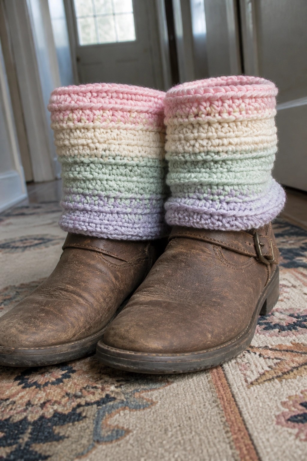 Brown leather boots with pastel striped knitted cuffs on patterned rug.
