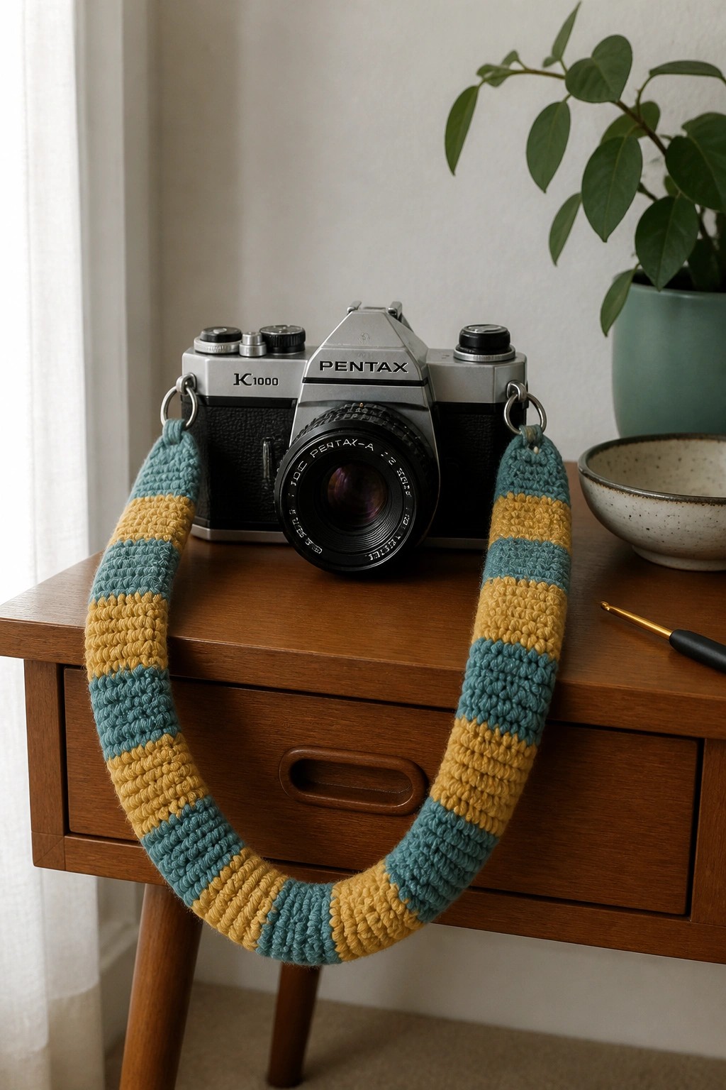 Vintage Pentax camera with teal and yellow striped crocheted strap on wooden table.