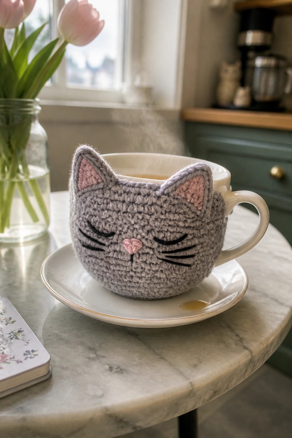 A gray crocheted cat face cozy with pink ears covers a white mug on a saucer.