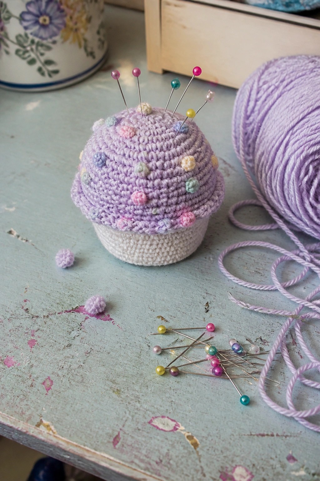 Crocheted lavender cupcake pincushion with colorful pins beside matching yarn on table