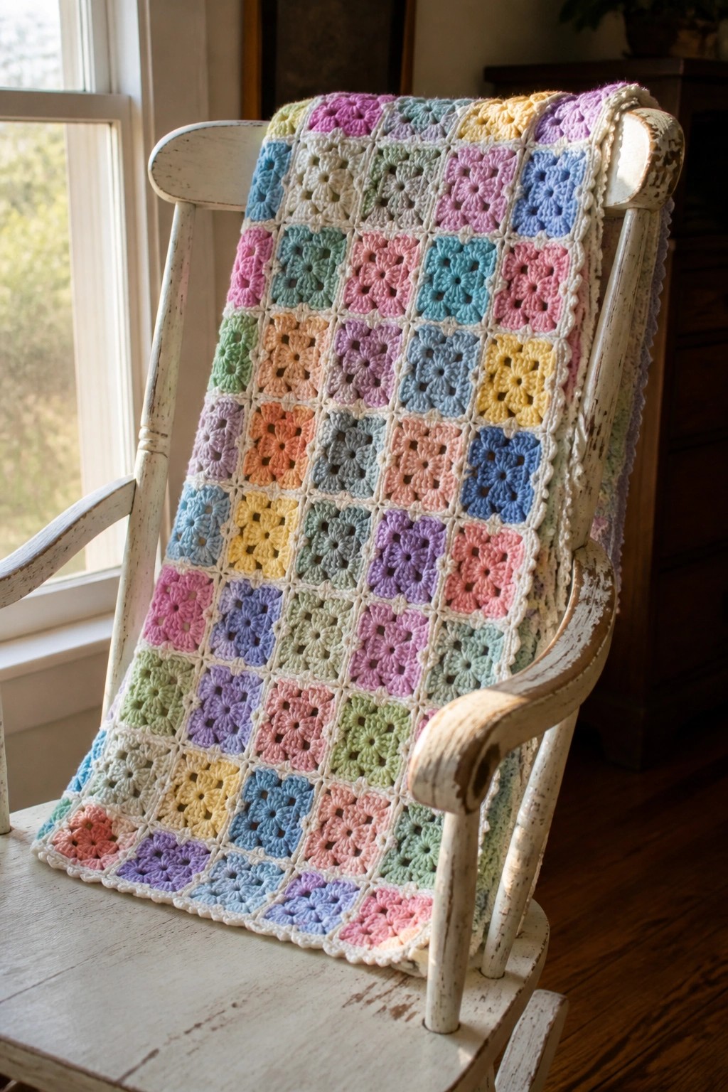 Colorful granny square crochet blanket draped on a white wooden rocking chair