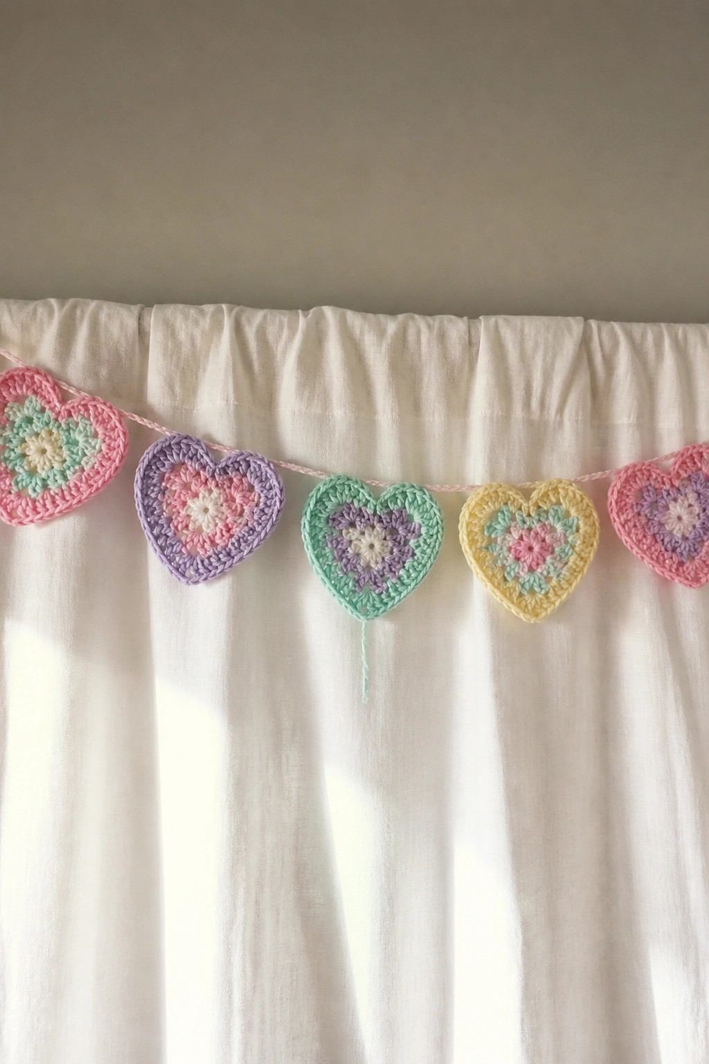 Pastel crocheted hearts strung on yarn across a white curtain.