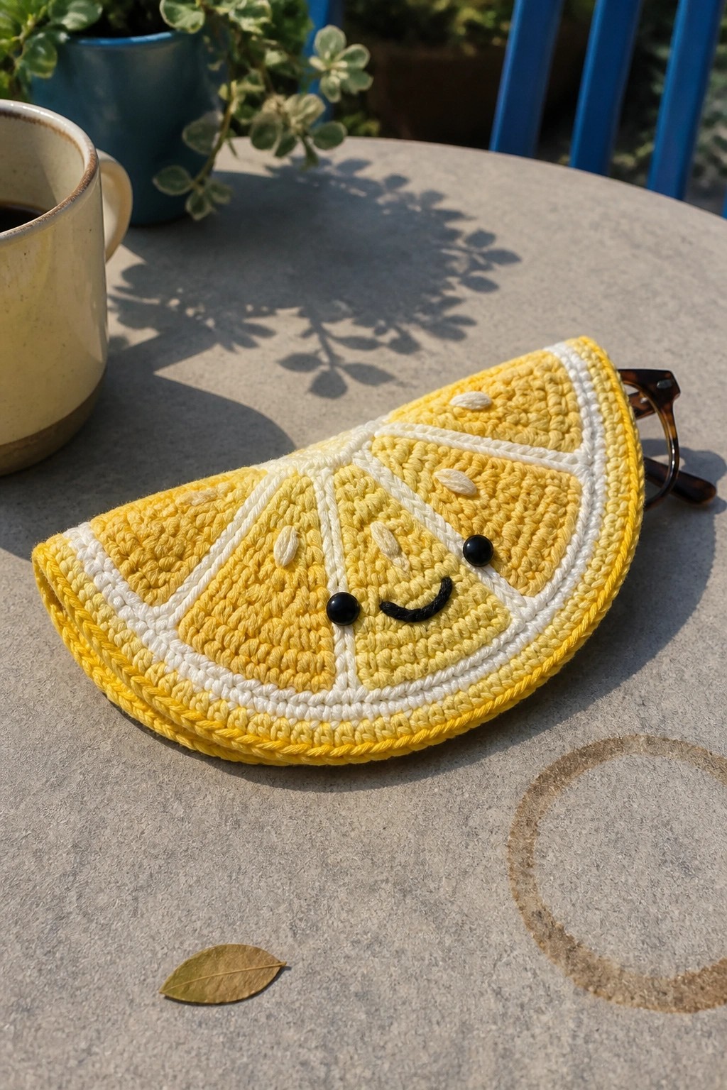 Crocheted yellow lemon slice pouch with smiling face on sunny patio table beside coffee mug