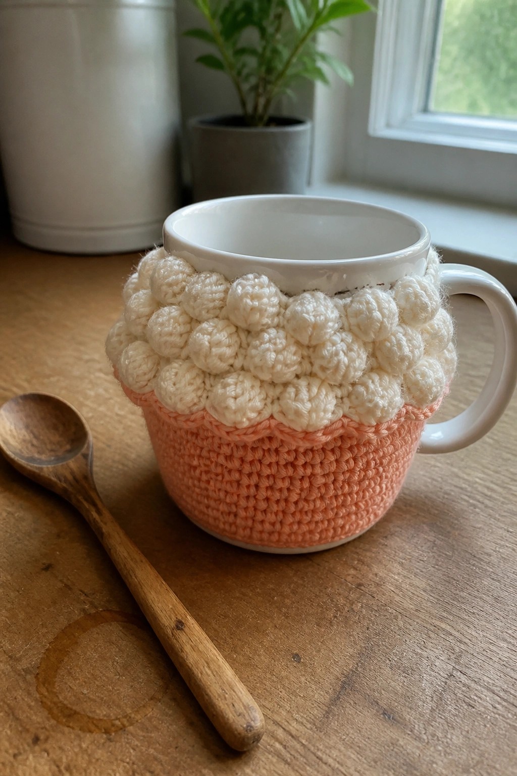 White mug with peach knitted base and white bobble cozy beside wooden spoon