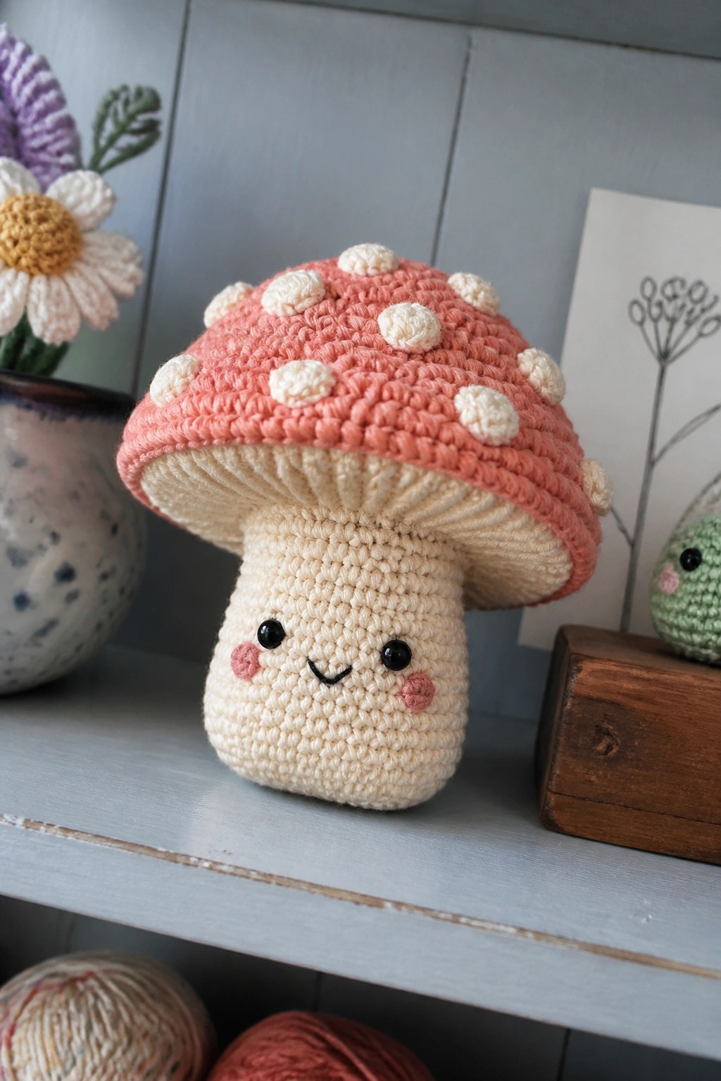 Pink crocheted mushroom with white spots and cute face on wooden shelf