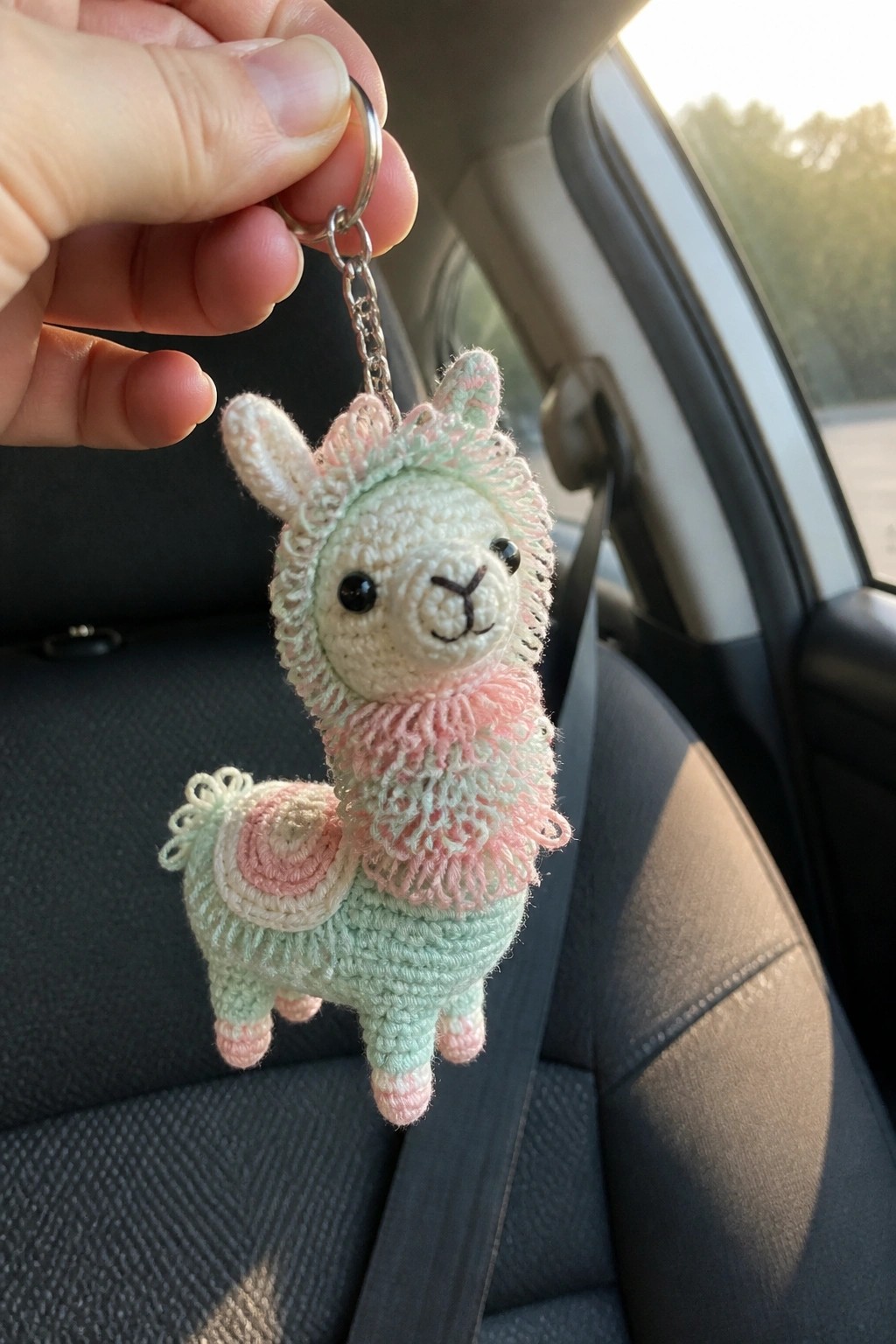 Hand holds pastel mint-green crocheted llama keychain with pink mane inside car.