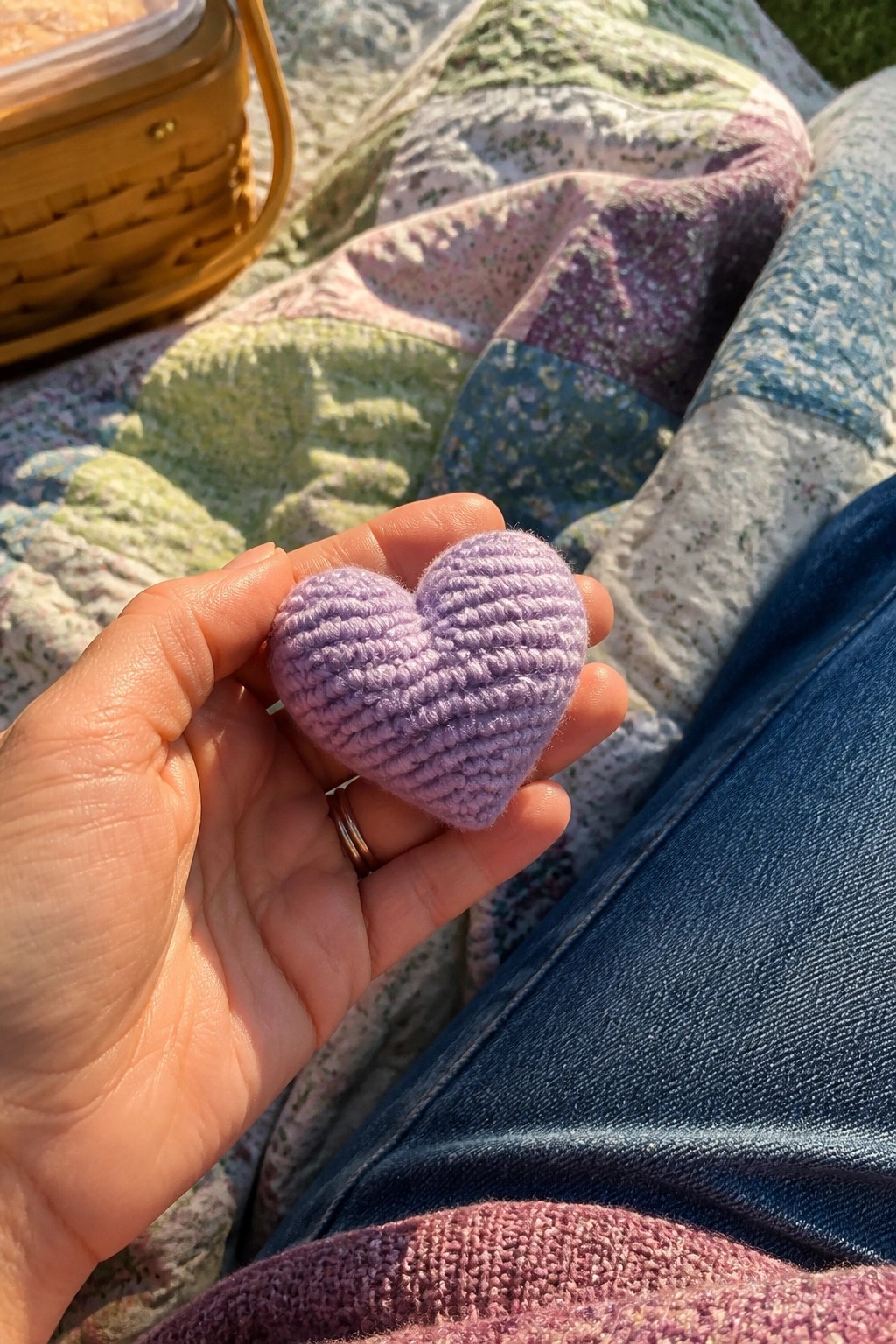 Hand with ring holding purple crocheted heart on floral patchwork quilt.