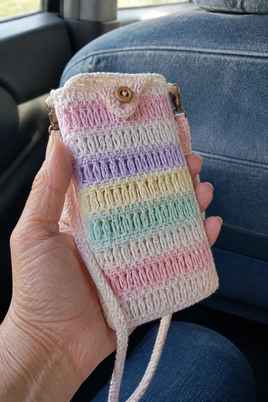 Hand holding pastel rainbow crocheted pouch with button and strap on jeans
