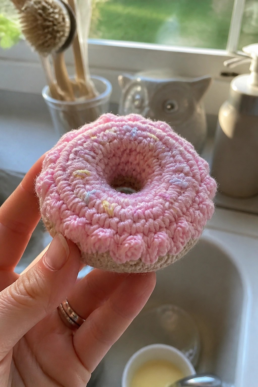 A hand holds a pink crocheted donut-shaped scrunchie with small colorful stitches against a kitchen sink.