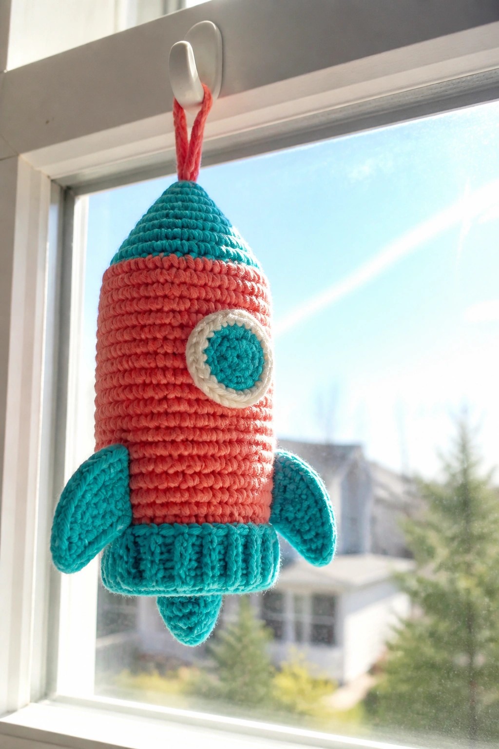 Colorful crocheted rocket ship with porthole and fins hanging from window hook.
