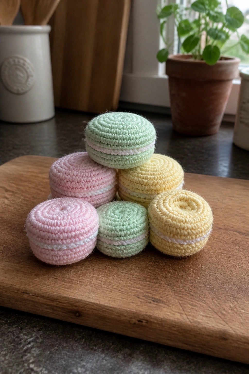 Pastel crocheted macarons in pink, green, and yellow stacked on wood.