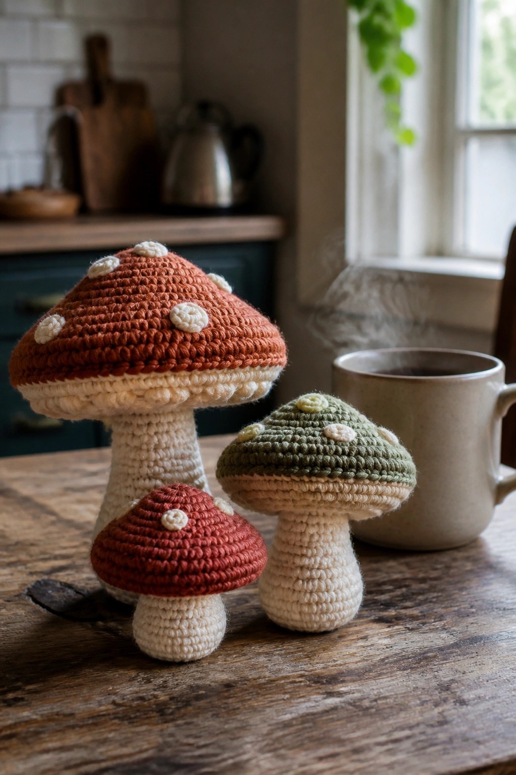 Three crocheted mushrooms beside steaming mug on rustic wooden table