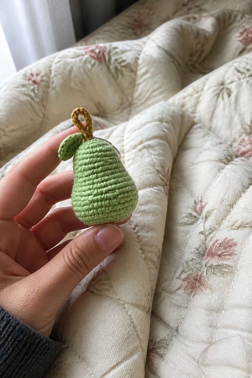 Hand holding small crocheted light-green pear keychain over floral quilted fabric.