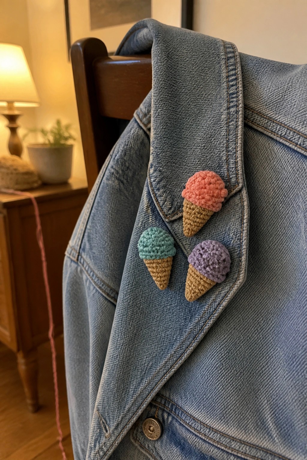 Denim jacket with three pastel crocheted ice cream cone pins on the lapel