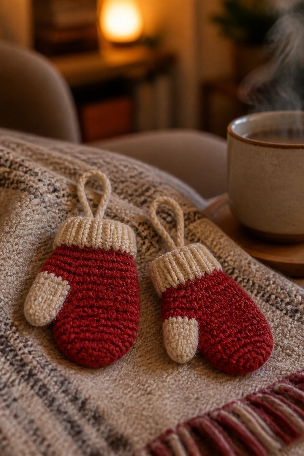 Two red and white knitted mittens on plaid blanket beside steaming ceramic mug