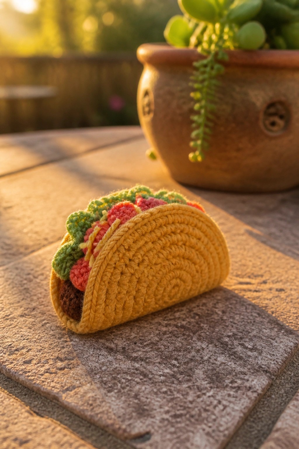 Crocheted taco with yellow shell, red tomato, green lettuce on stone surface