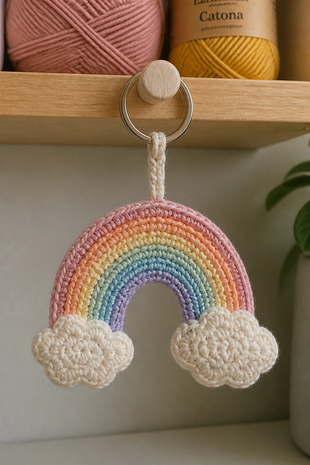 Crocheted pastel rainbow with white clouds hanging from wooden shelf ring