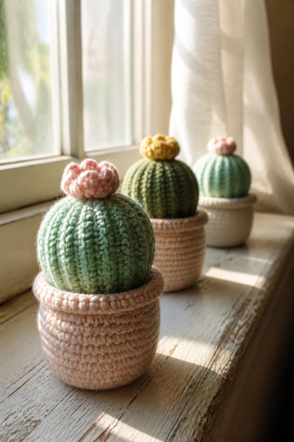 Three small crocheted cacti with pink and yellow flowers sit in crocheted pots on a wooden windowsill.