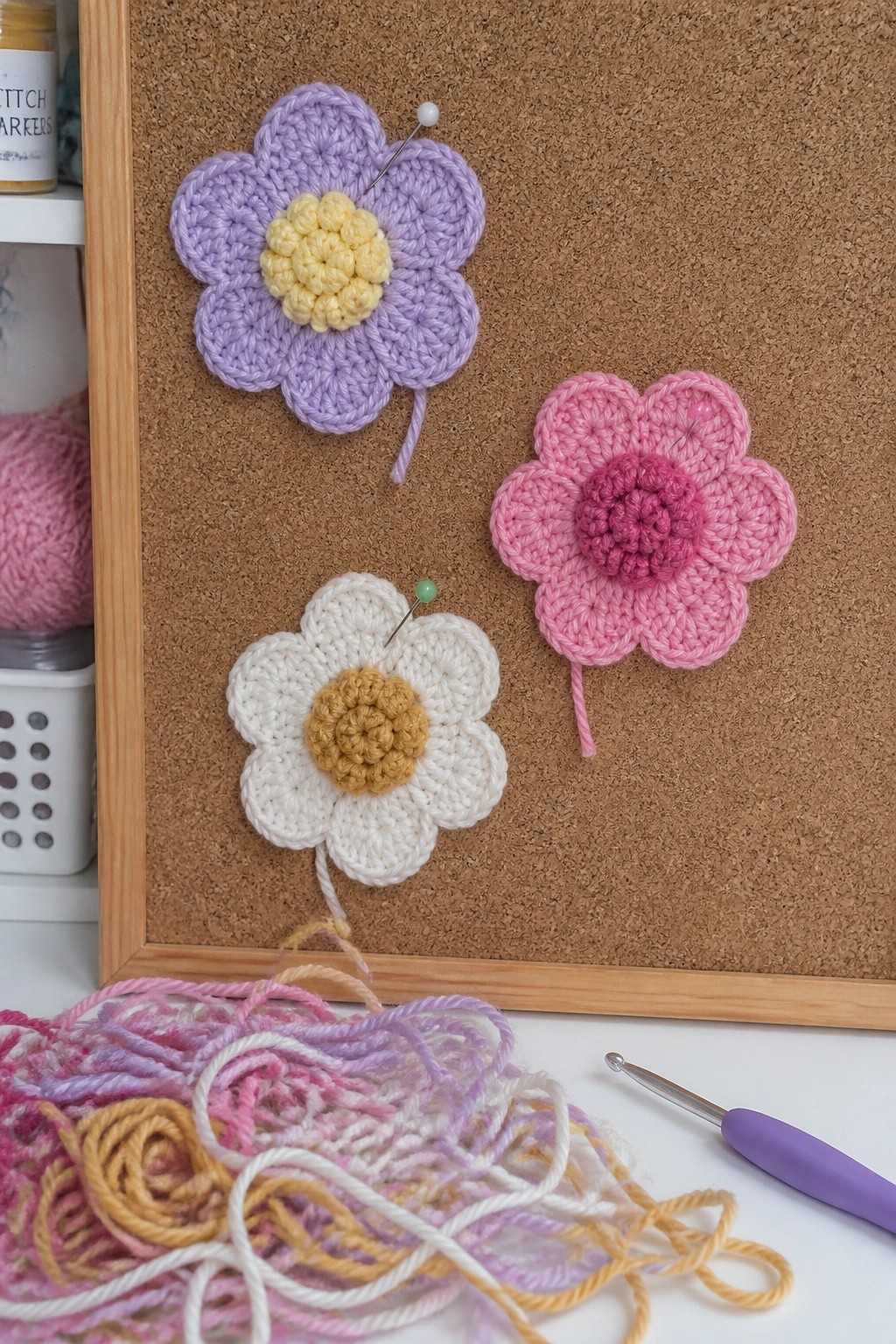 Three crocheted flower motifs pinned to a corkboard beside a tangle of yarn scraps and a crochet hook.