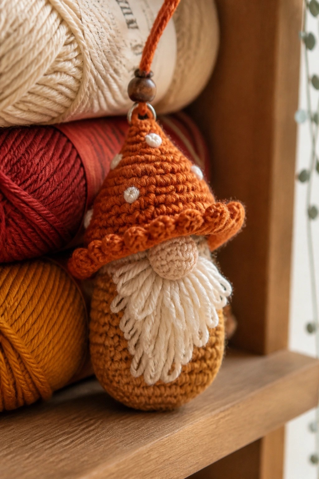 Crocheted gnome with orange dotted hat and white beard beside yarn skeins on wood