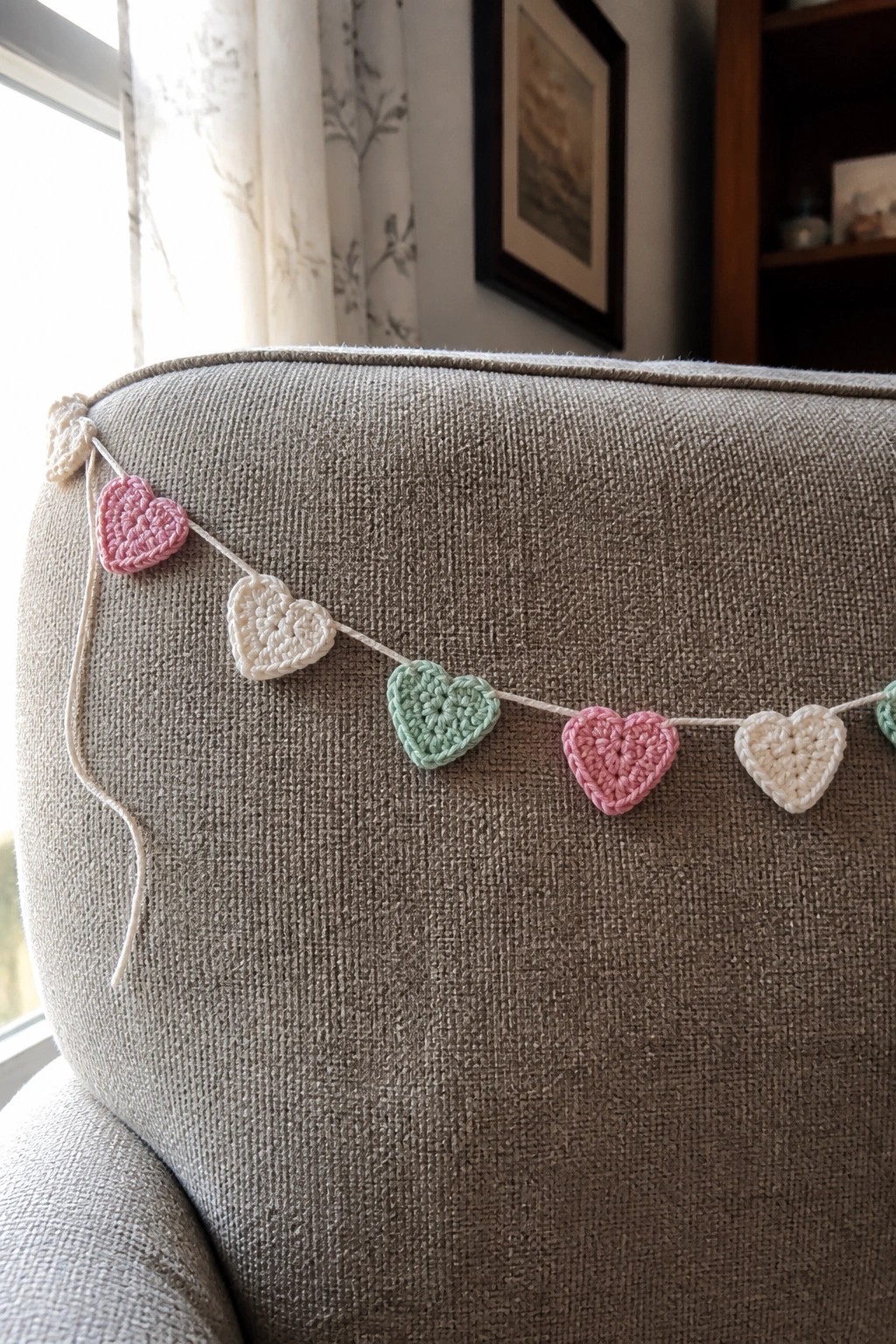 Crocheted pastel heart garland draped across the back of a gray fabric chair.