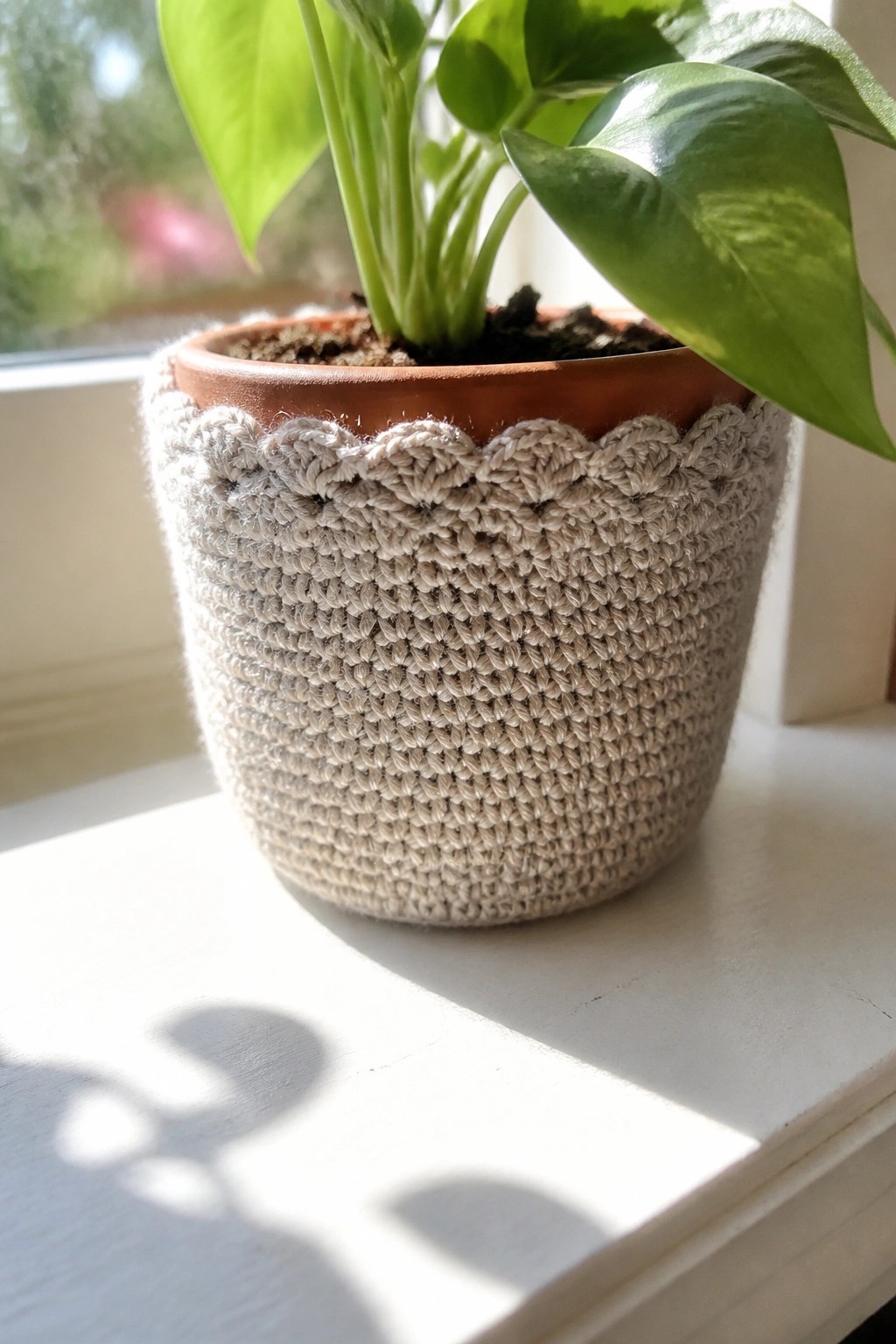 Green leafy plant in terracotta pot with beige crocheted cover on white windowsill