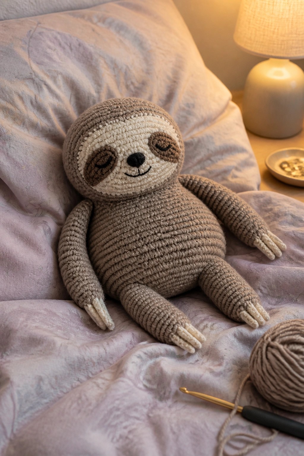 Crocheted brown sloth on lavender bed with yarn, hook, and lamp