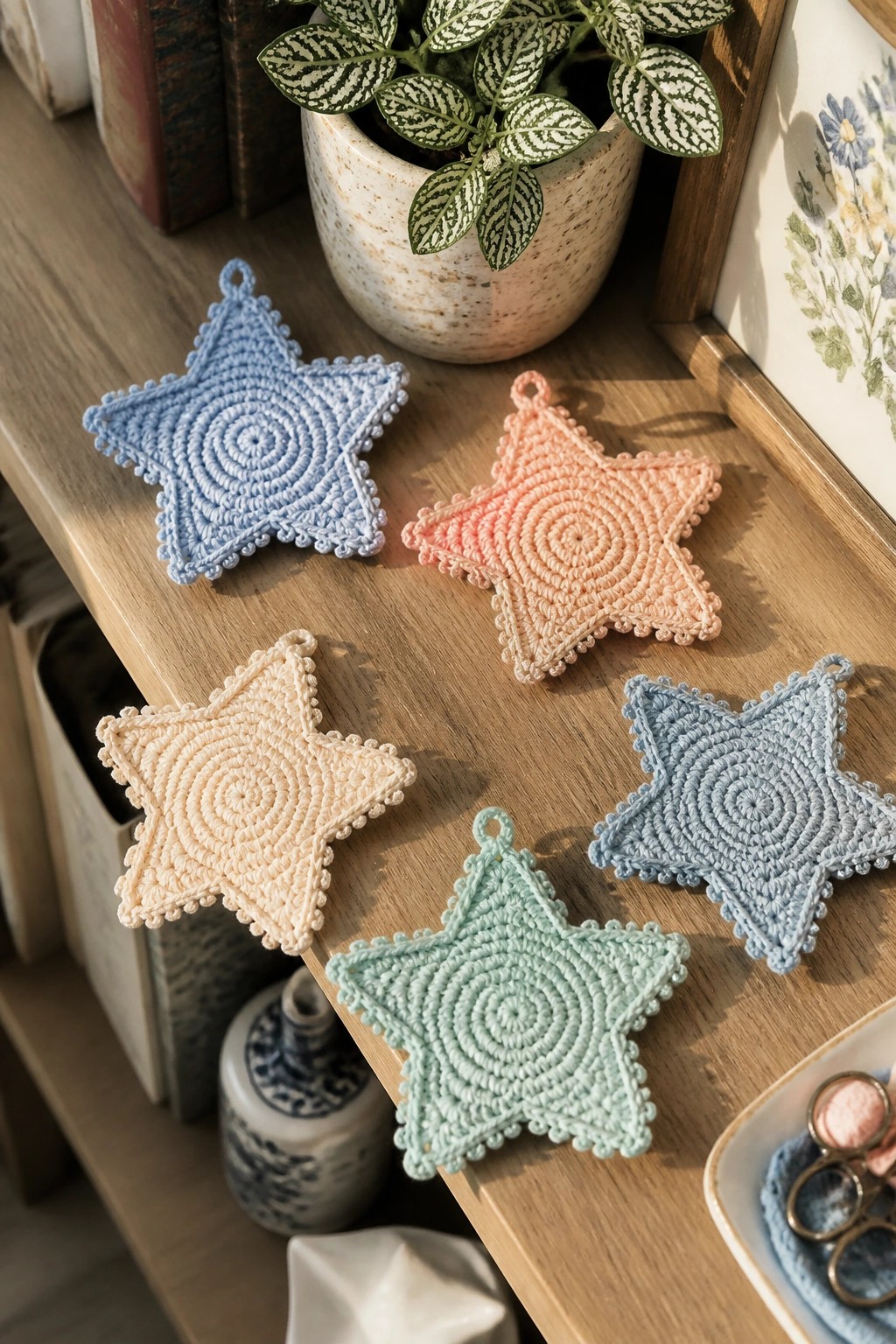 Five pastel crocheted star coasters arranged on a wooden shelf with plant.