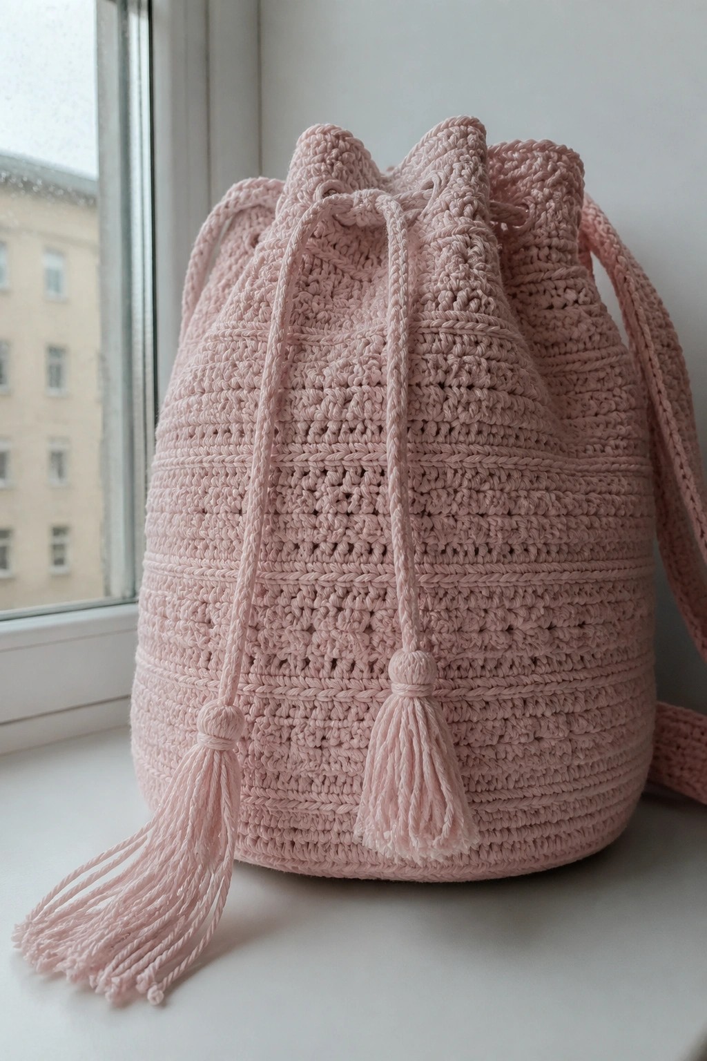 Pink crocheted drawstring bucket bag with tassels on windowsill