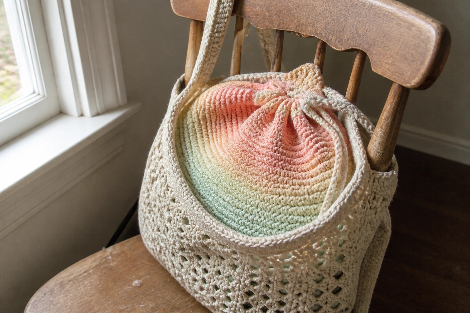 Crocheted tote bag with pastel rainbow gradient hanging over wooden chair