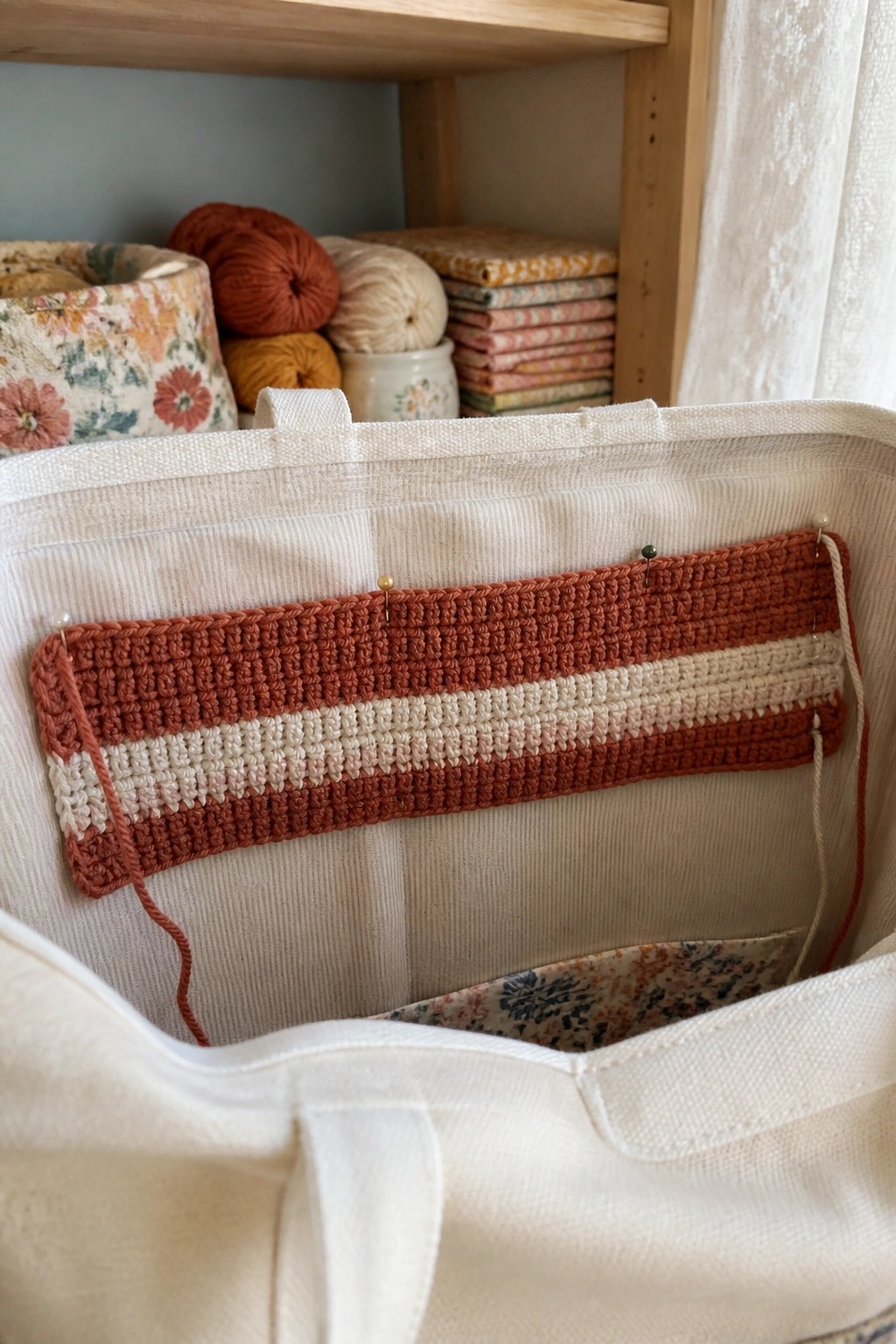 Crocheted rust and cream striped panel pinned inside open white canvas tote bag