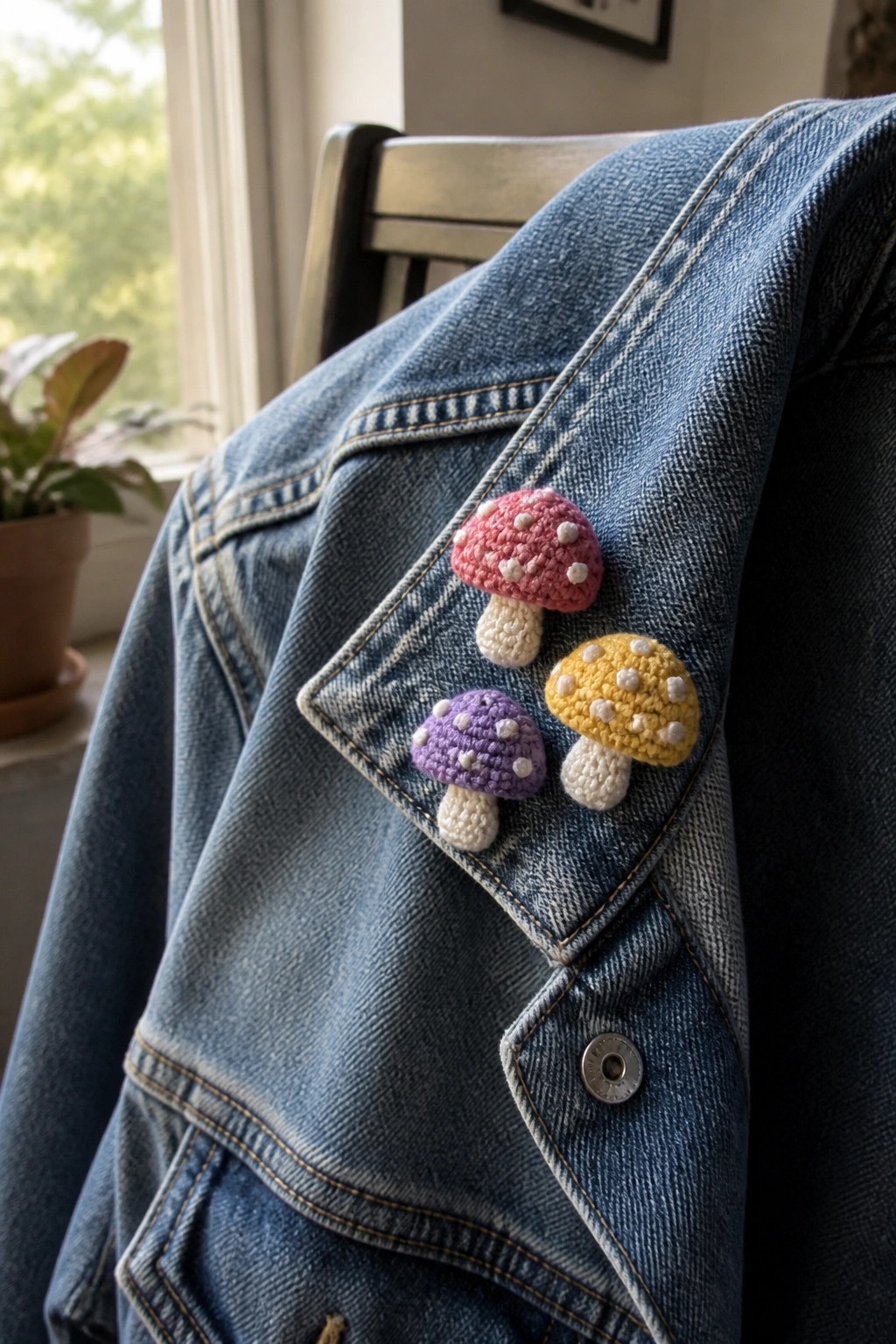 Blue denim jacket with pink, purple, and yellow crocheted mushroom pins on lapel.