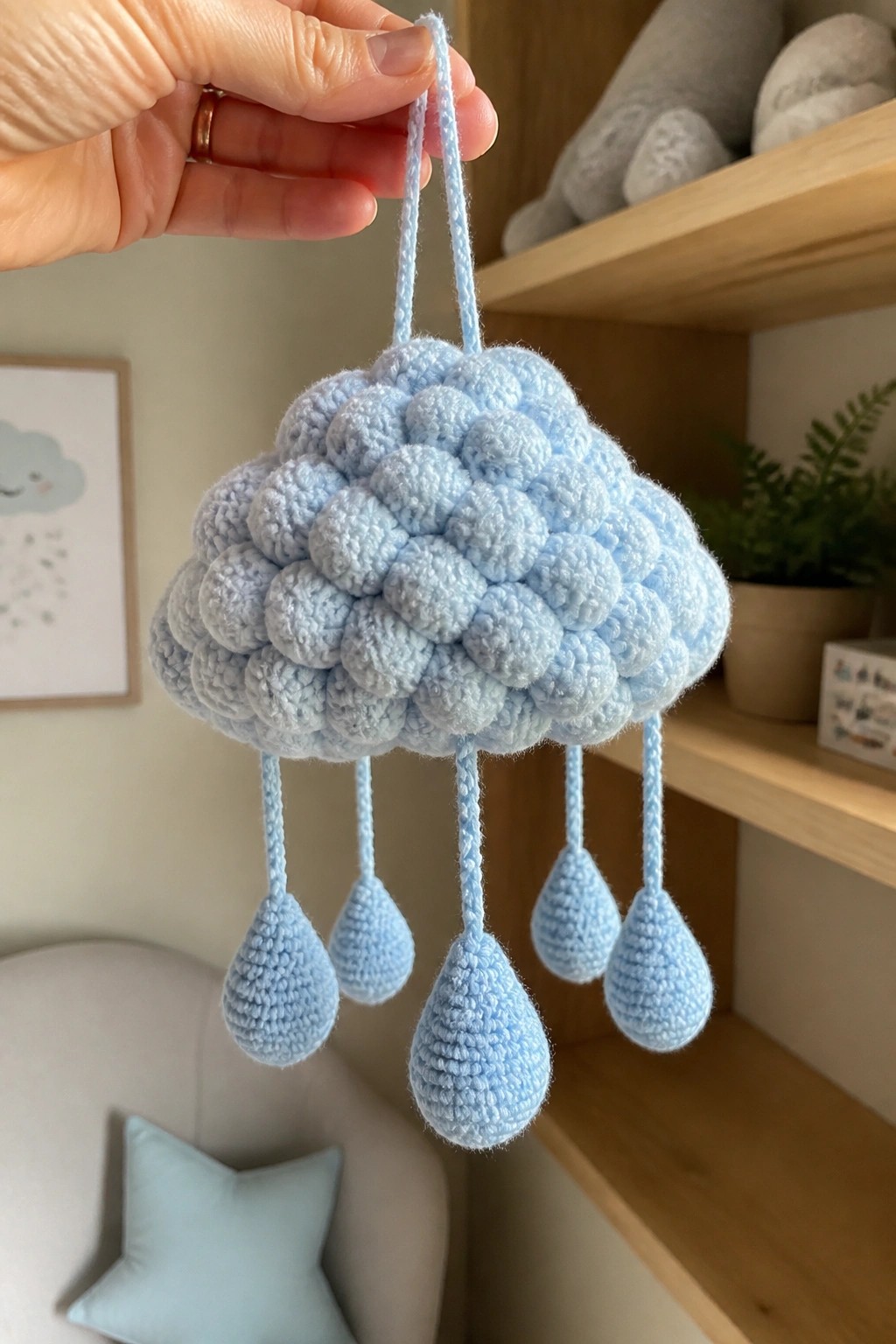 Hand holding light blue crocheted cloud with five dangling raindrops.