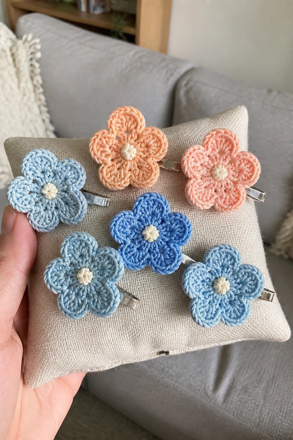 Blue and peach crocheted flower hair clips on beige pillow held by hand.