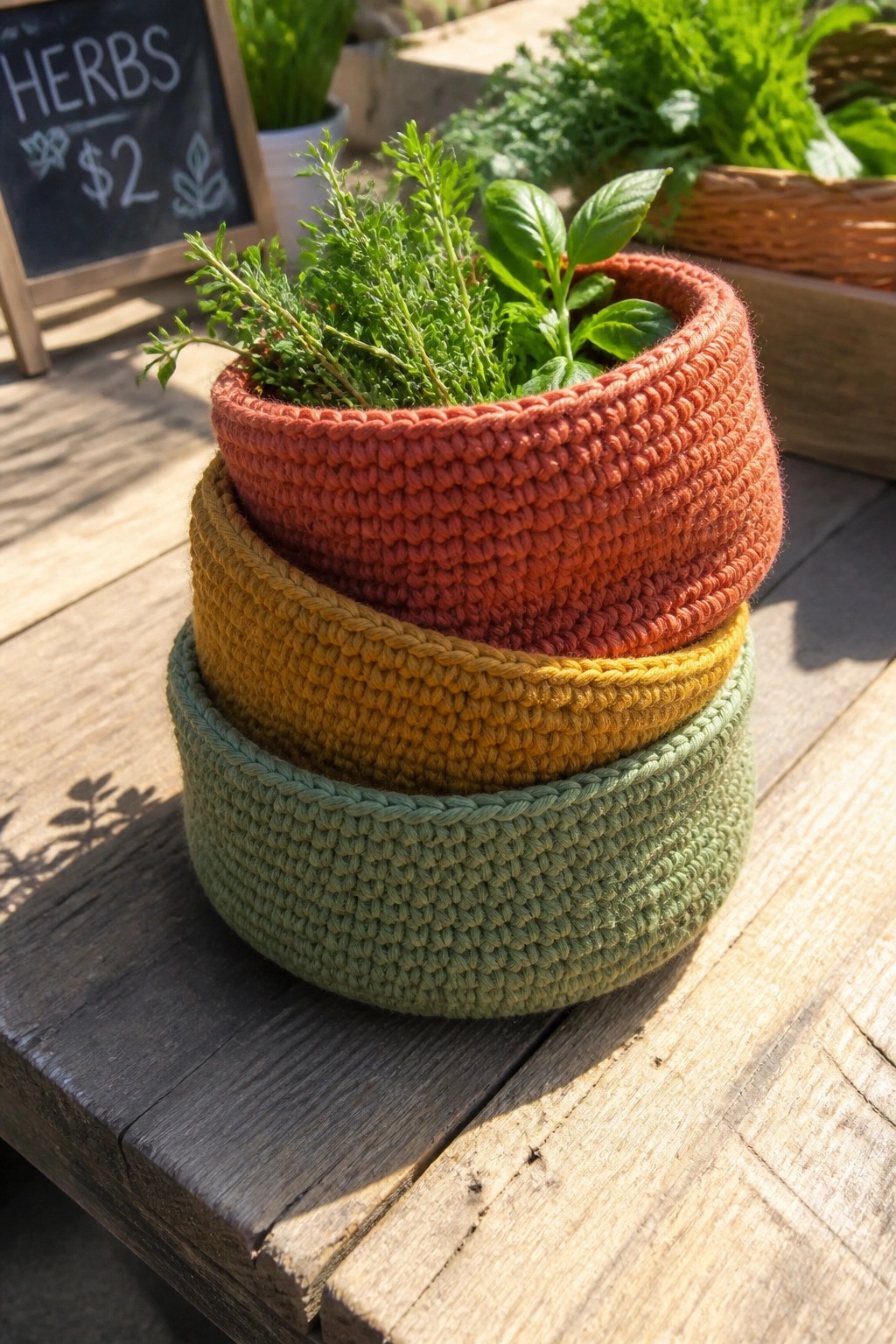 Stacked crocheted baskets in green, yellow, and orange with herbs on wood.