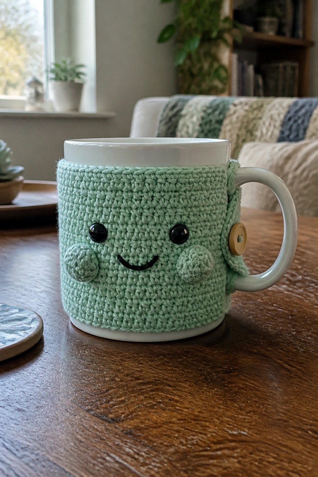 Mint green crocheted cozy with smiling face and button on white mug on wood table