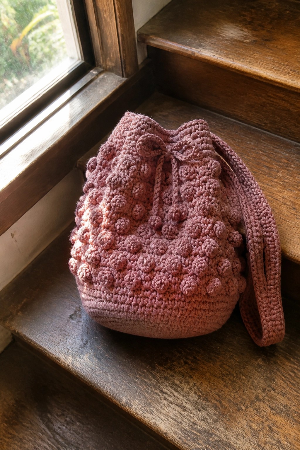 A dusty pink crocheted drawstring bag with bobble texture and a long strap sits on wooden stairs beside a window.